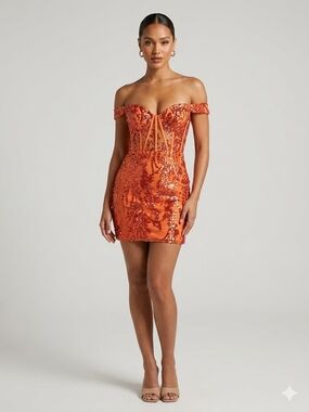 Off-Shoulder Orange Sequin Mini Dress